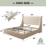 Feonase King Size Bed Frame with 4 Storage Drawers, Upholstered Storage Bed with Charging Station, Tufted Wingback Headboard, No Box Spring Needed, Beige Feonase