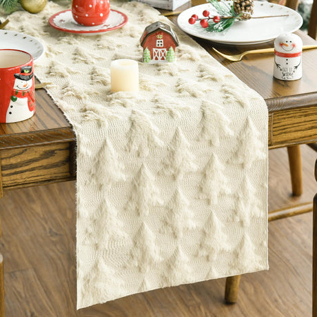 Artoid Mode Christmas Trees Beige Soft Plush Faux Fur Jacquard Christmas Table Runner, Holiday Kitchen Dining Table Decoration for Home Party Decor 13x72 Inch Artoid Mode