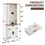 OKD 72'' Tall Bookshelf with Storage, Farmhouse 4 Tier Bookcase with Barn Door, Adjustable Shelves and Drawers, Rustic Wooden Office Bookshelves for Home Bedroom, Living Room, Library Antuique White OKD