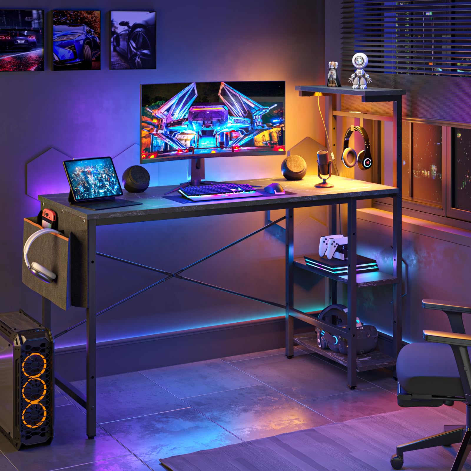 Bestier Gaming Desk with LED Lights, 51.3 Inch Computer Desk with 4 Tiers Reversible Shelves, Gamer Desk with Side Storage Bag, Hooks and Height Adjustable Shelf (Black Marble) - WoodArtSupply