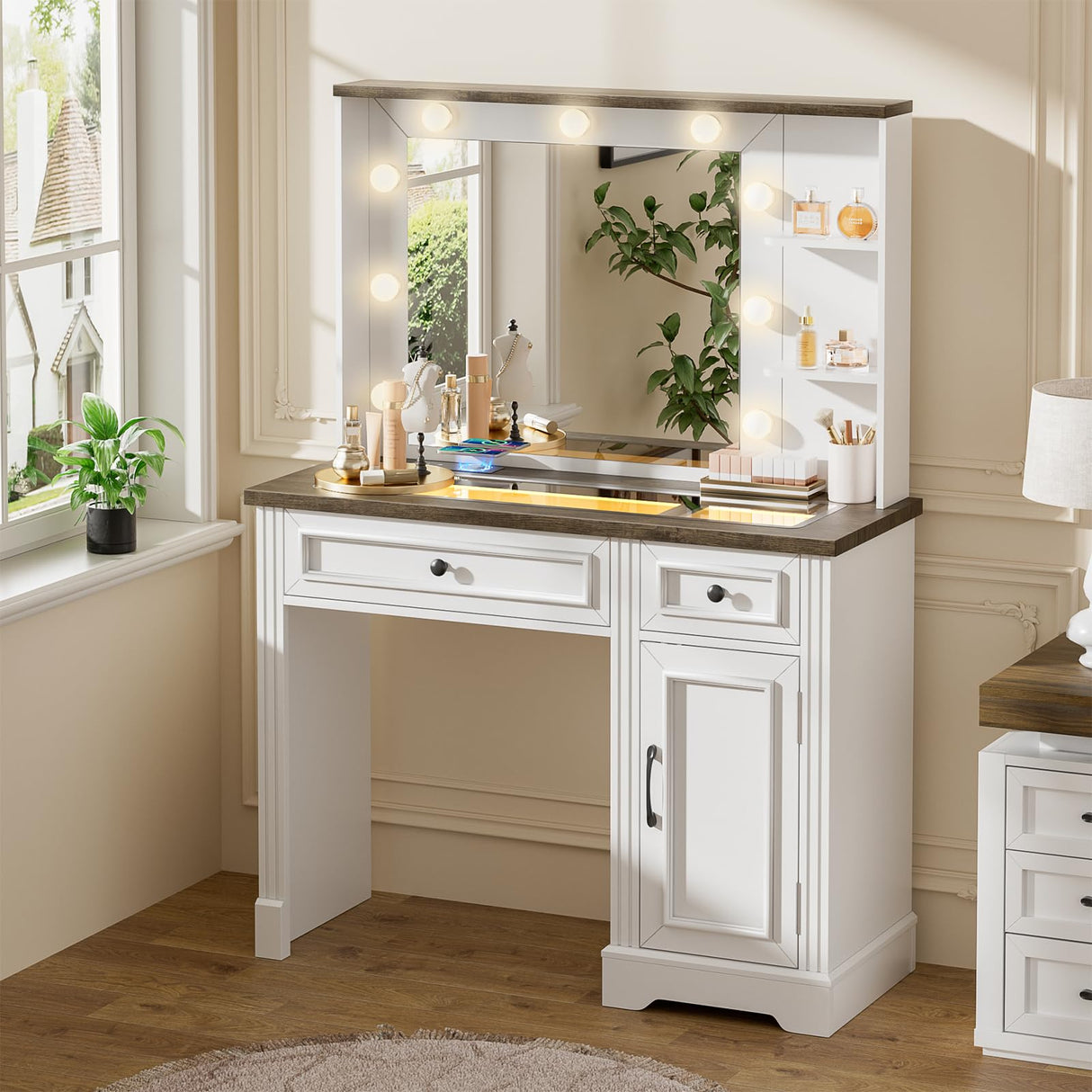 BROTTAR Large Vanity Desk with Mirror and Lights, Farmhouse Makeup Vanity with Wireless Charging Station, White Dressing Table with 2 Drawers & Storage Cabinet for Bedroom, Dressing Room BROTTAR