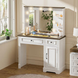 BROTTAR Large Vanity Desk with Mirror and Lights, Farmhouse Makeup Vanity with Wireless Charging Station, White Dressing Table with 2 Drawers & Storage Cabinet for Bedroom, Dressing Room BROTTAR