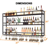 Large Heavy Duty 47in Wine Rack with LED Wall Mounted Bottle Glass Holder Under Shelf, 3-Tiers Liquor Floating Shelves Display Storage Organizer Hanging Long Stemware Goblet Metal for Home Bar GWLQRTXV