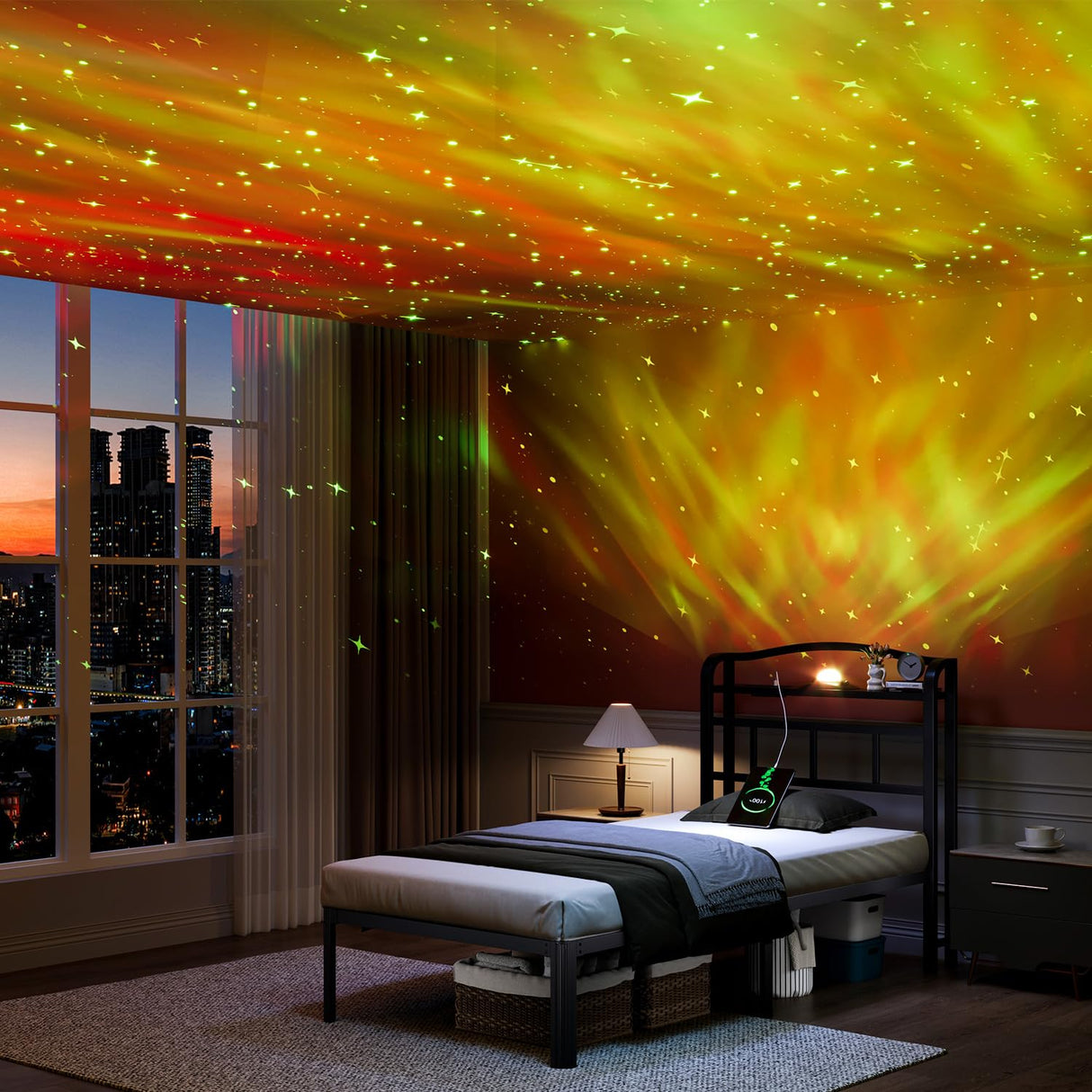 HAVONIZD Twin Size Bed Frame - Storage Headboard with Charging Station & Galaxy Aurora Projector, 14 Inch Sturdy Metal Platform Bed Frame No Box Spring Needed, Easy Assembly, No Noise, Black HAVONIZD