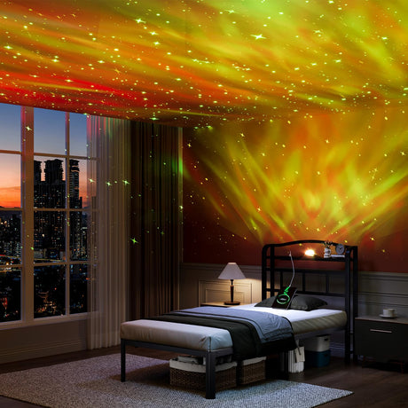 HAVONIZD Twin Size Bed Frame - Storage Headboard with Charging Station & Galaxy Aurora Projector, 14 Inch Sturdy Metal Platform Bed Frame No Box Spring Needed, Easy Assembly, No Noise, Black HAVONIZD