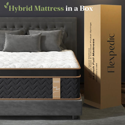 FP FLEXPEDIC Full Mattress, 14 Inch Plush Hybrid Mattress with Gel Memory Foam, Fiberglass-Free Mattress in a Box, Individual Pocket Spring-Motion Isolation-Edge Support, 100 Nights Trial,CertiPUR-US