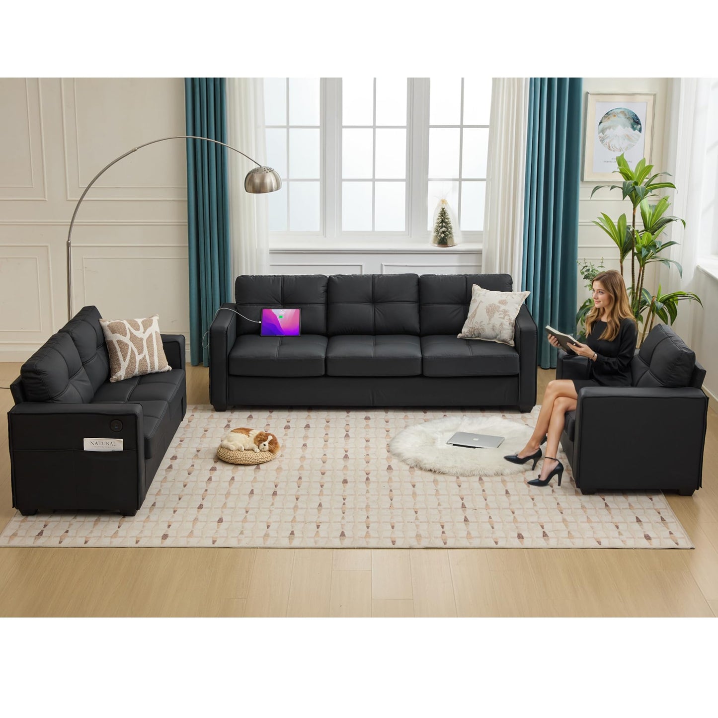 TYBOATLE Black Faux Leather Sofa Couch Sectional Couches for Living Room, 3 Piece Living Room Set Furniture Comfy Modular Convertible Sofas, Home Office Sofa Set for Apartment Small Space (1+2+3)