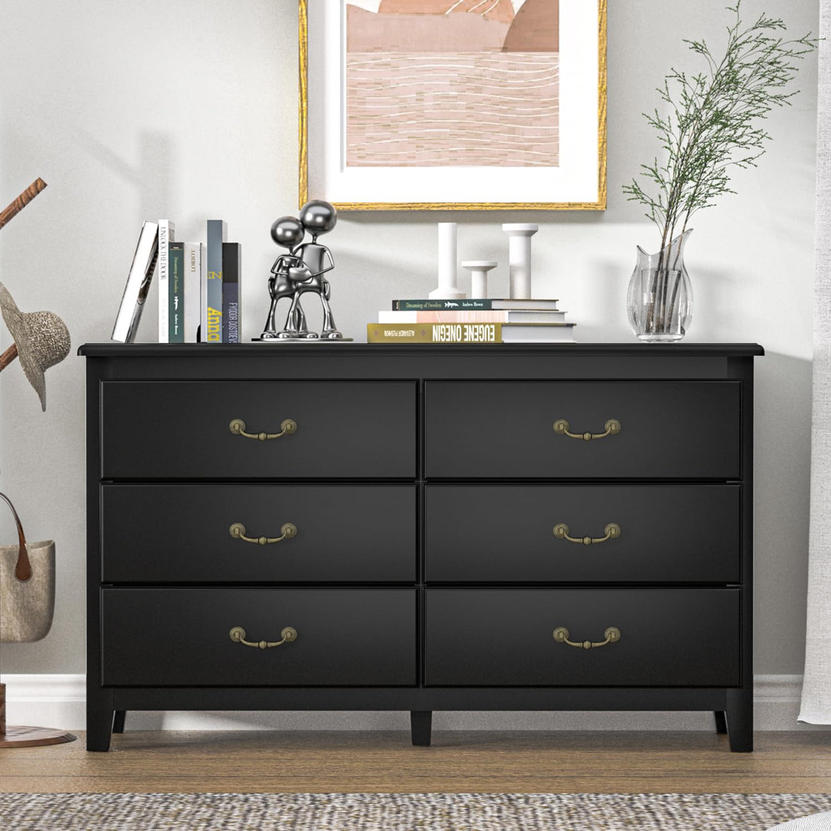 HOUROM Black Dresser for Bedroom, Modern Farmhouse Style 6 Drawer Double Dresser with Vintage Gold Antique Pulls, Dresser and Chest of Drawers, Hallway 6 Drawer Dresser, Antique Black HOUROM