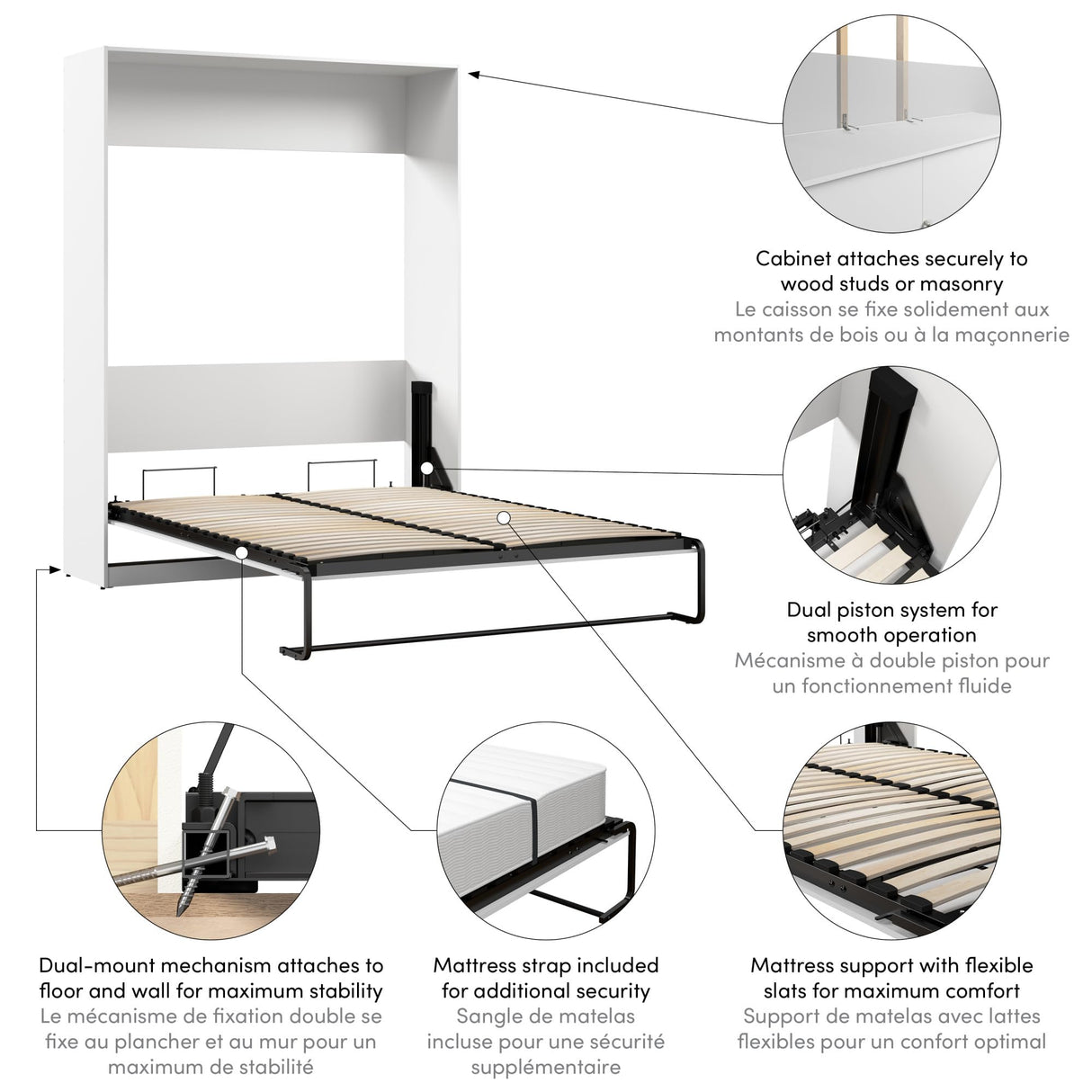 Bestar Claremont 65W Queen Murphy Bed in White, Sleeping Arrangement for Multipurpose Area, Bedroom, Guest Room, or Living Room Bestar