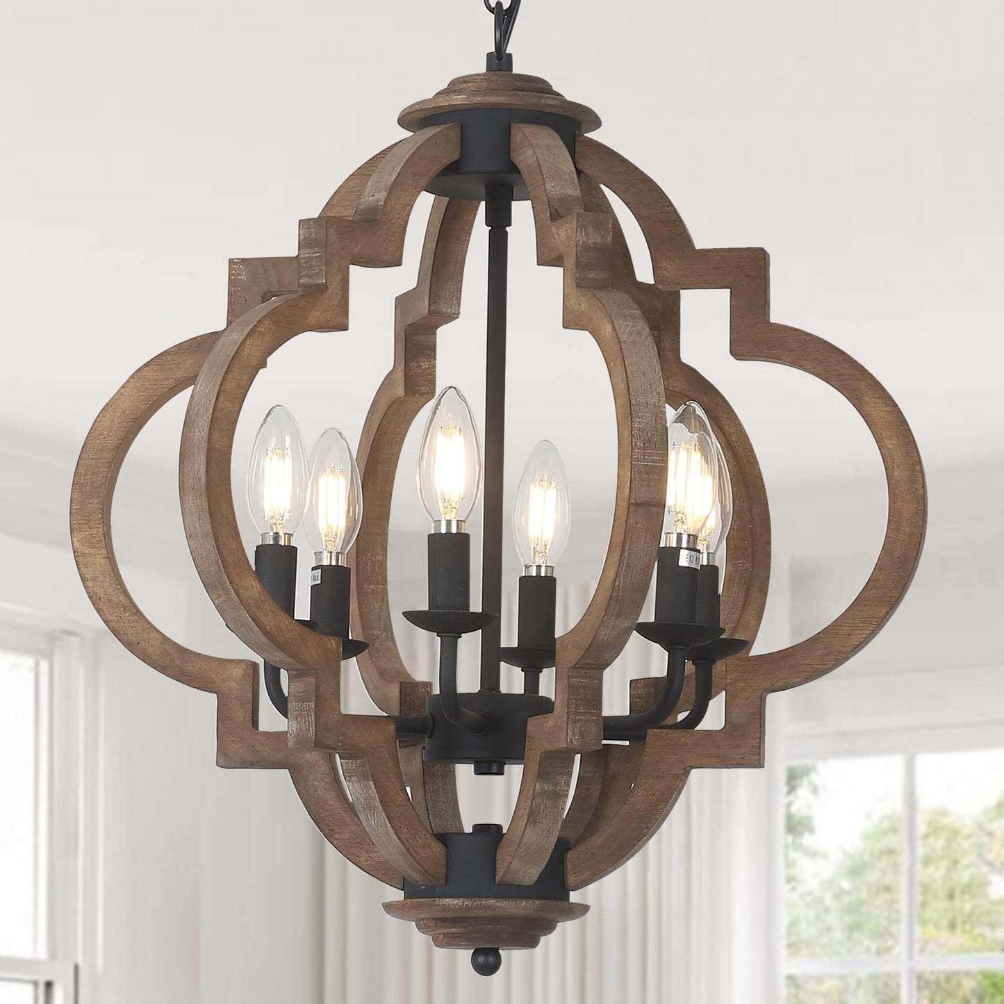 Eayaya Farmhouse Chandeliers for Dining Room, 6-Light Rustic Dining Room Light Fixture Over Table, Wood Black Hanging Pendant Lights Kitchen Island, Boho Chandelier for Bedrooms Entryway Livi - WoodArtSupply