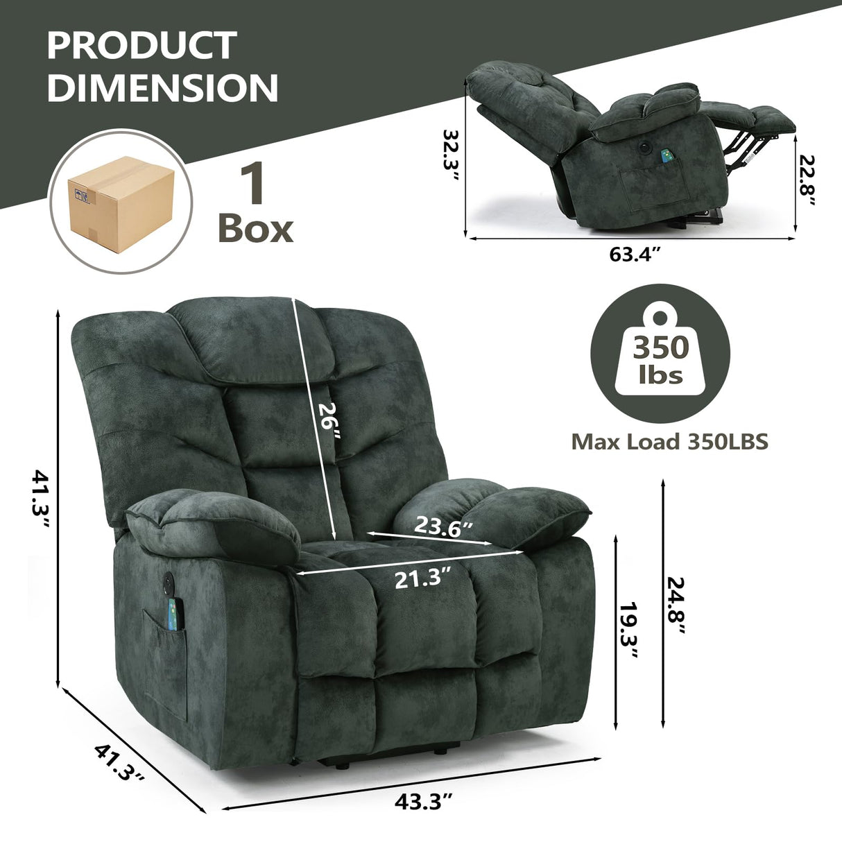 HAOMARKETS Oversized Power Lift Recliner Chair with Massage and Heat for Elderly, Soft Fabric Electric Lifting Recliners with Side Pockets and USB Port for Living Room, Dark Green HAOMARKETS