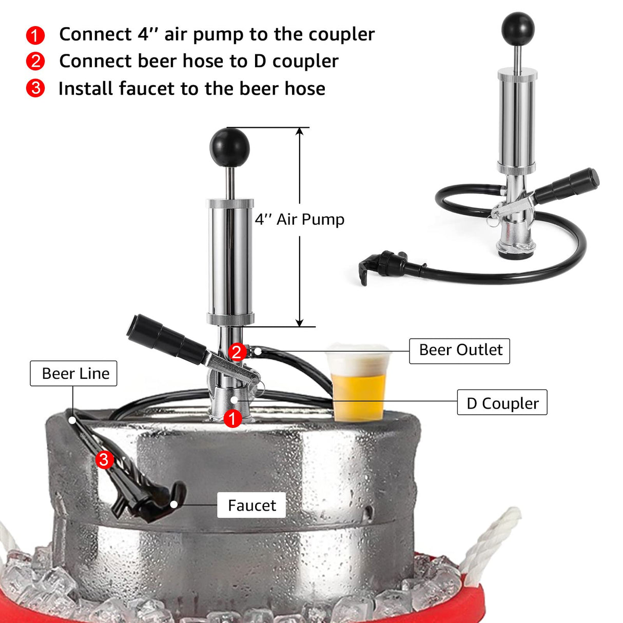 MRbrew Keg Party Pump, American D System Beer Keg Tap Keg Hand Pump 4'' Picnic Pump with Beer Faucet & Beer Hose, Chrome-Plated Keg Draft Beer Party Pump with 2 Hose Clamps Kegerator Pump for Homebrew MRbrew