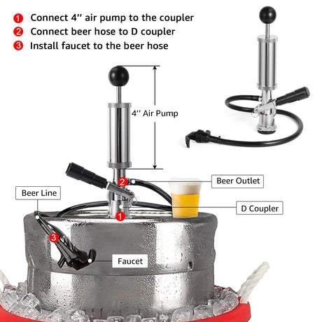 MRbrew Keg Party Pump, American D System Beer Keg Tap Keg Hand Pump 4'' Picnic Pump with Beer Faucet & Beer Hose, Chrome-Plated Keg Draft Beer Party Pump with 2 Hose Clamps Kegerator Pump for Homebrew MRbrew