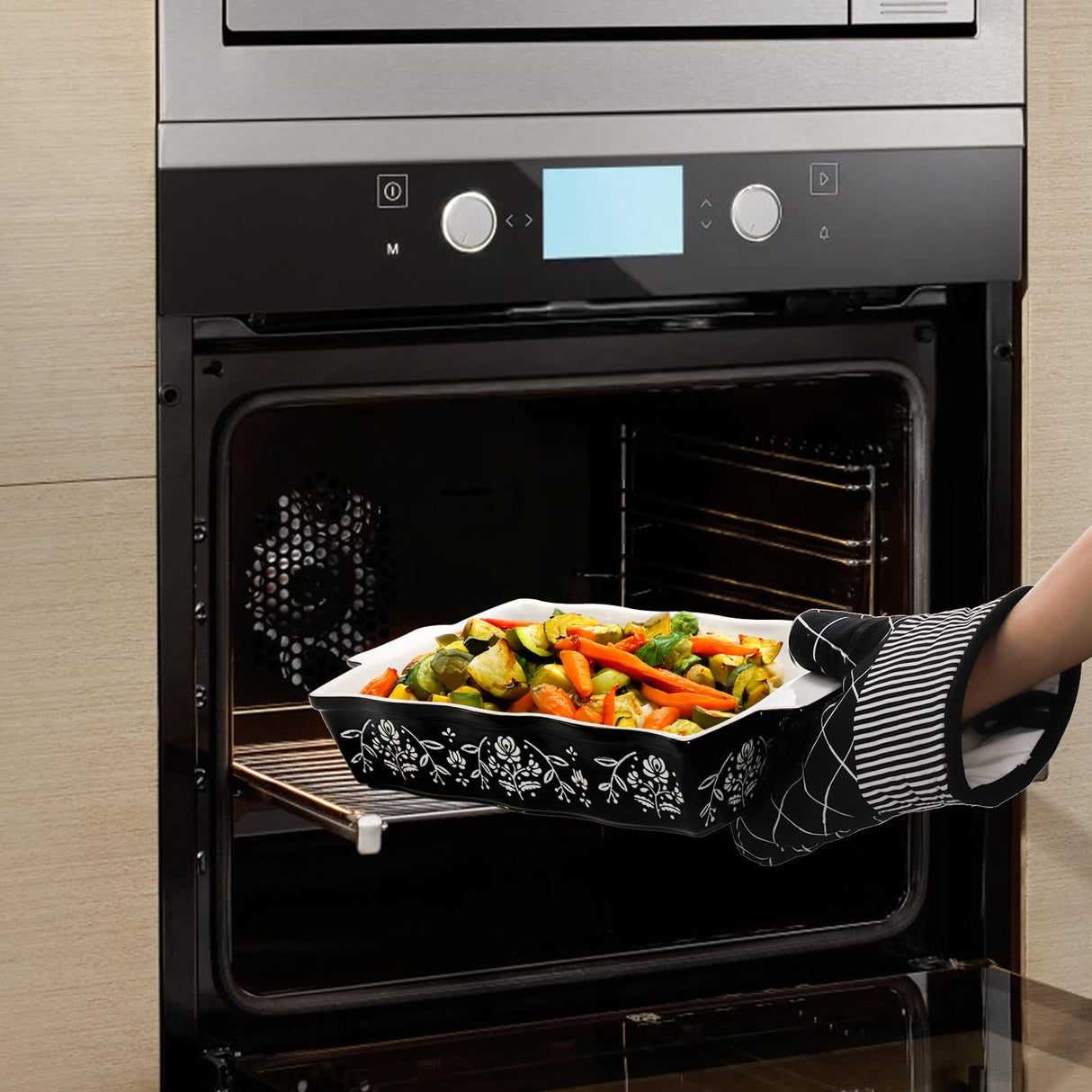 Bekith 3-Piece Ceramic Baking Dishes with Handles, Casserole Dishes for Oven, Rectangular Deep Lasagna Pans, Porcelain Bakeware Sets for Baking Cake Kitchen, Cooking, Black and White Bekith