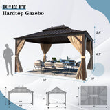 MELLCOM 10' x 12' Hardtop Gazebo, Brown Permanent Pavilion Gazebo with Curtains and Netting, Galvanized Steel Metal Double Roof Aluminum Gazebo with Aluminum Frame for Patio, Lawn & Garden MELLCOM