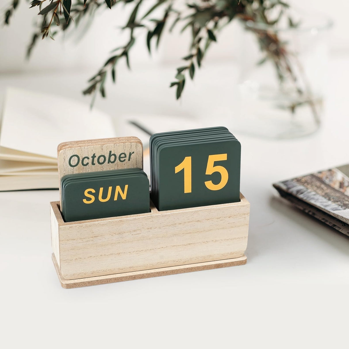 DEERINE Wooden Block Perpetual Calendar for Desk, Daily Desktop Standing Flip Calendar with Large Display, Modern Farmhouse Aesthetic Desk Accessory for Home Office Decor, Reusable Yearly, Wood Grain DEERINE