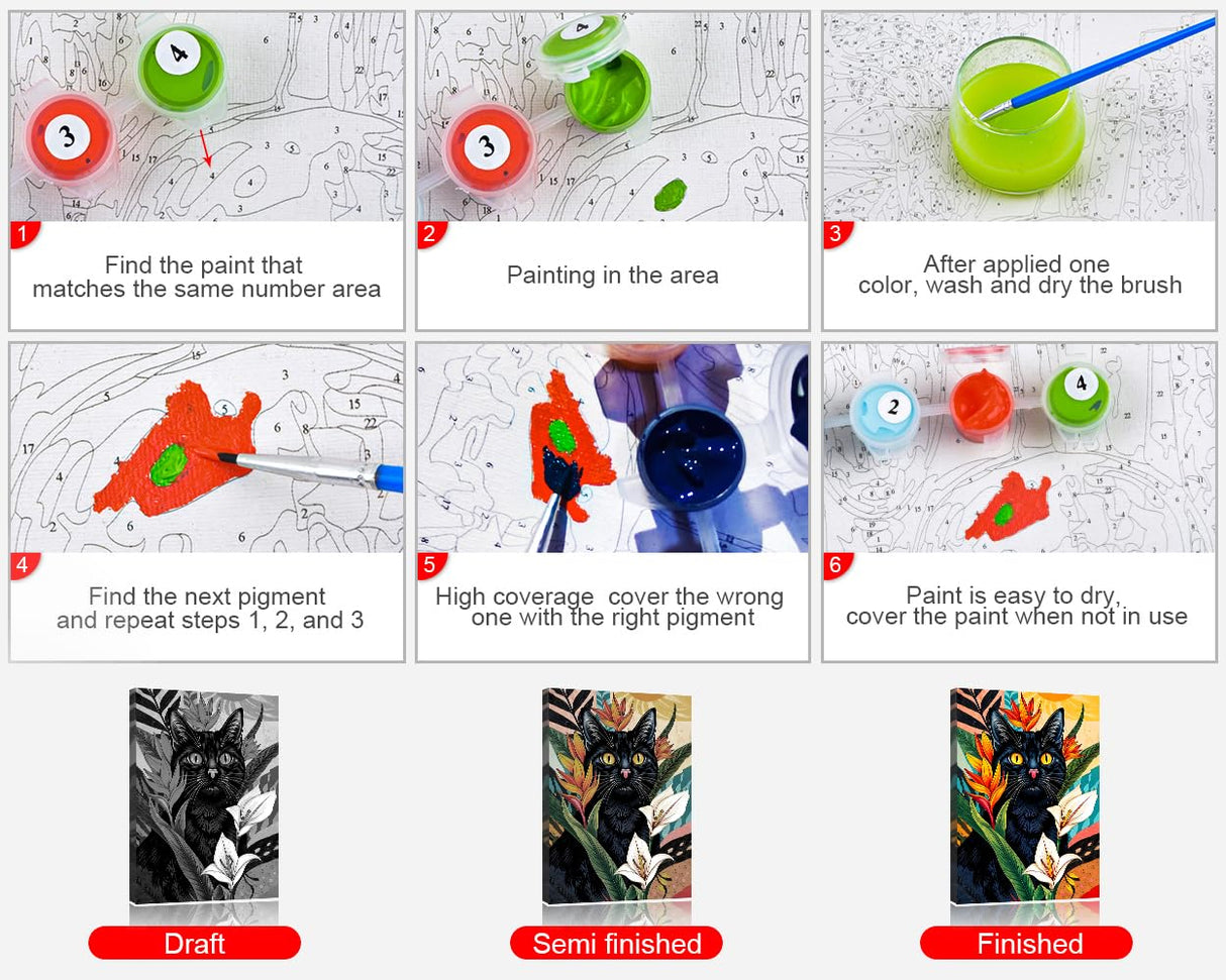 TUMOVO Black Cat Paint by Number Kits for Adults Beginners,Abstract Animal Paint by Numbers Kits,DIY Calla Lily Blossom Plants Paint by Numbers Kits on Canvas for Home Wall Decor 16x20inch Frameless TUMOVO