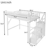 KEIKI Full Size Metal Loft Bed Frame with Convertible Staircase, Built-in Storage Shelves & Wardrobe, Loft Bed with Solid Slats & Guardrail, No Box Spring Required, Easy Assembly, for Bedroom, White KEIKI