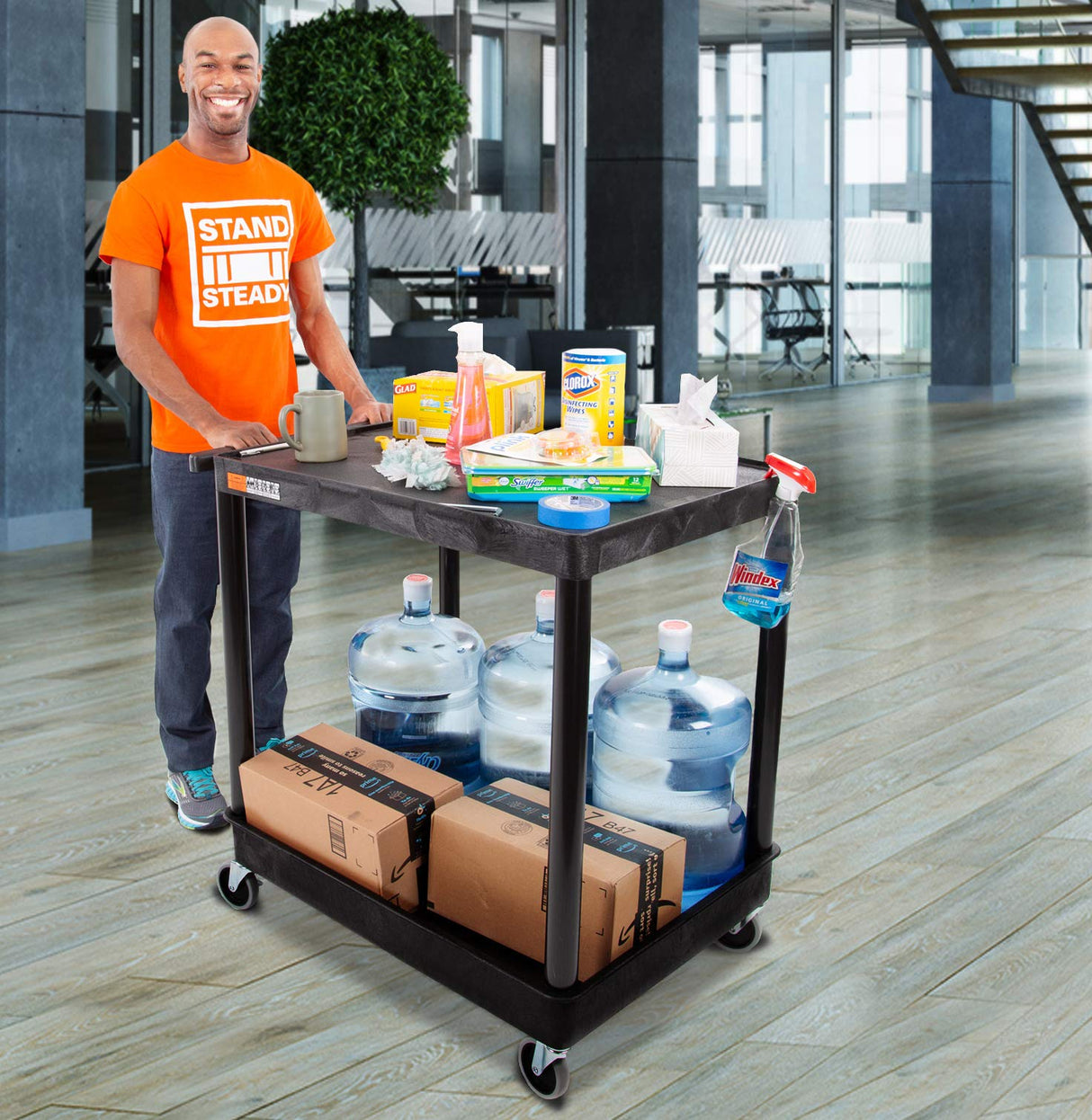 Stand Steady Tubstr Large 2 Shelf Utility Cart Supports Up to 200 lbs - Heavy Duty Hybrid Tub & Flat Shelf Cart, Rolling Storage Cart & Tool Cart for Stand Steady