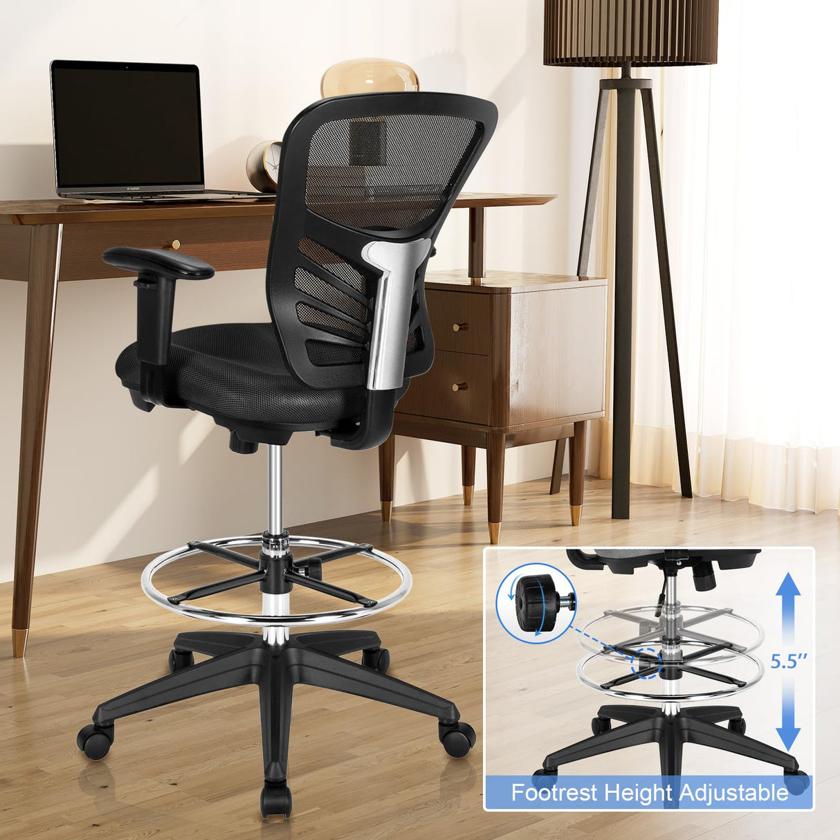 POWERSTONE Drafting Chair, Ergonomic Standing Desk Chair Adjustable Height, Tall Office Chair with Adjustable Armrests and Footrest Ring, High Computer Chair for Tall Desk, Standing Desk POWERSTONE
