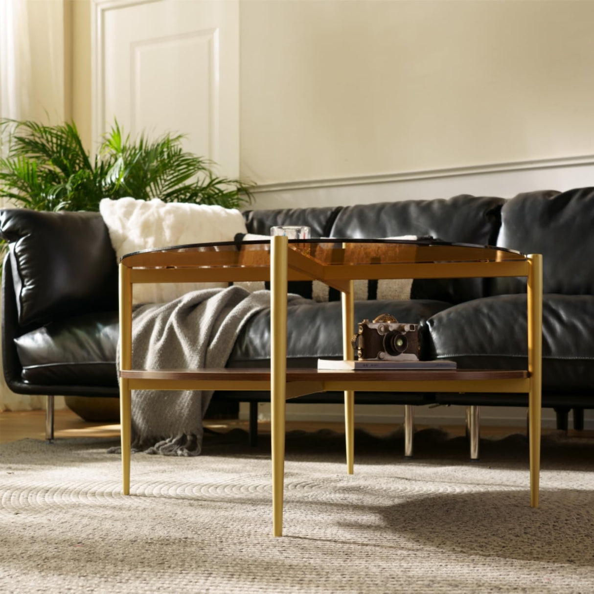 Saint Mossi Glass Round Coffee Table for Living Room, Middle-Century Modern Style, Coffee Brown Glass Top & Walnut Brown MDF Wood Top, with Gold Finish Legs & Frame SM Saint Mossi