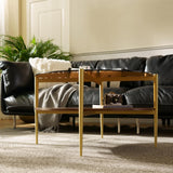 Saint Mossi Glass Round Coffee Table for Living Room, Middle-Century Modern Style, Coffee Brown Glass Top & Walnut Brown MDF Wood Top, with Gold Finish Legs & Frame SM Saint Mossi