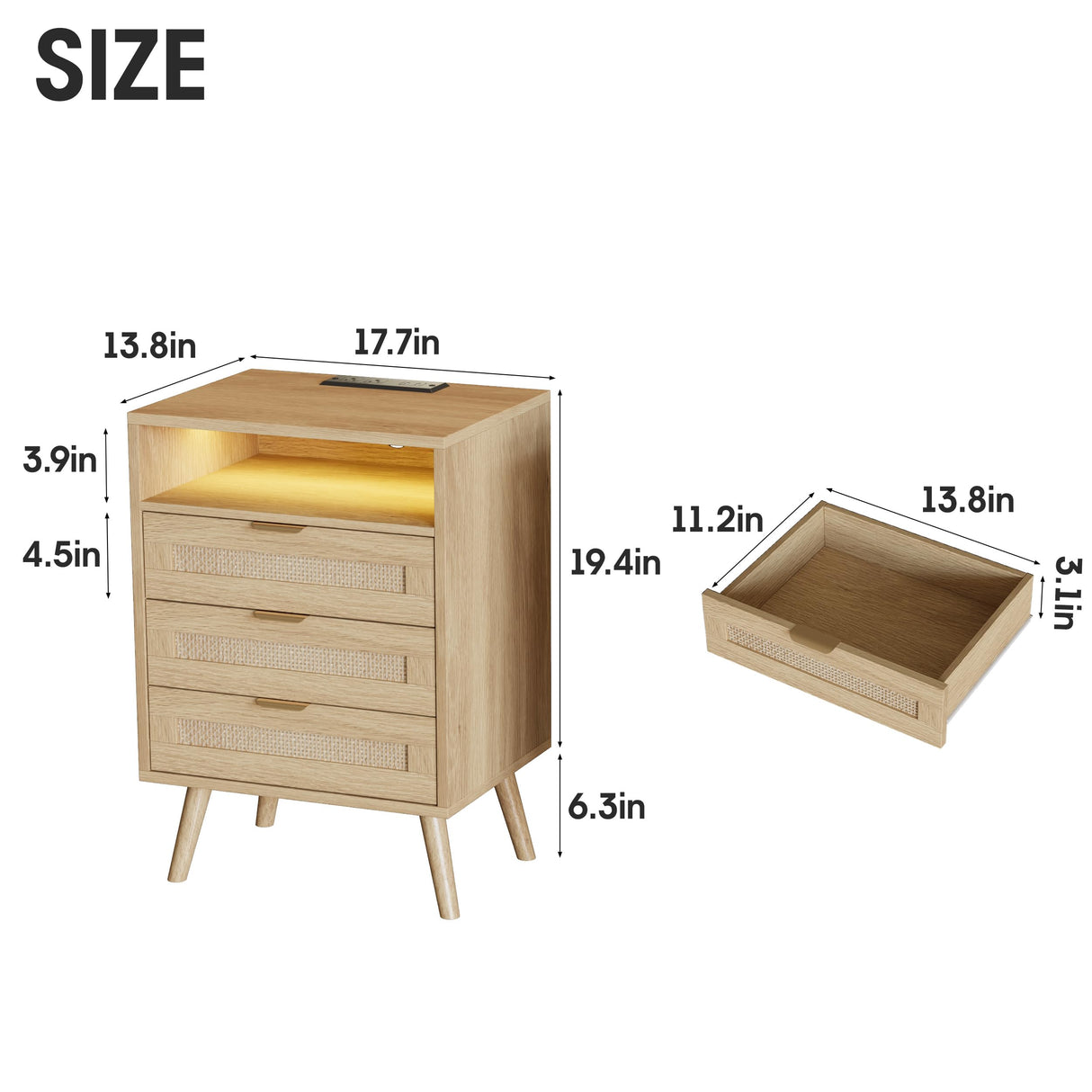 Halitaa Rattan Nightstand with Charging Station USB Port Led Lights and 3 Storage Drawers, Bedroom Furniture Night Stand Bedside Table Bed Side Table End Table Sofa Table (2 Pack) Halitaa