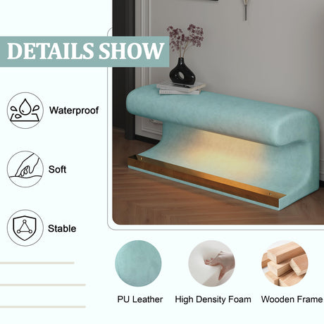Haplized Entryway Bench with Motion Sensor LED Light, Modern Upholstered Ottoman with Metal Legs, Faux Leather Entryway Bench for Bedroom, Living Room, End of Bed (Antique Blue Green) Haplized