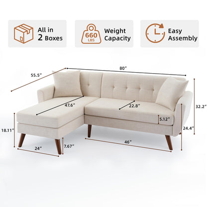 Kingfun 80" W L Shaped Couch Sofa, Mid-Century Modern Sectional Couches for Living Room, 3 Seat Couch with Wide Chaise Lounge & Two Pillows,Button Tufted Upholstered Sectional Sofa for Bedroom, Beige