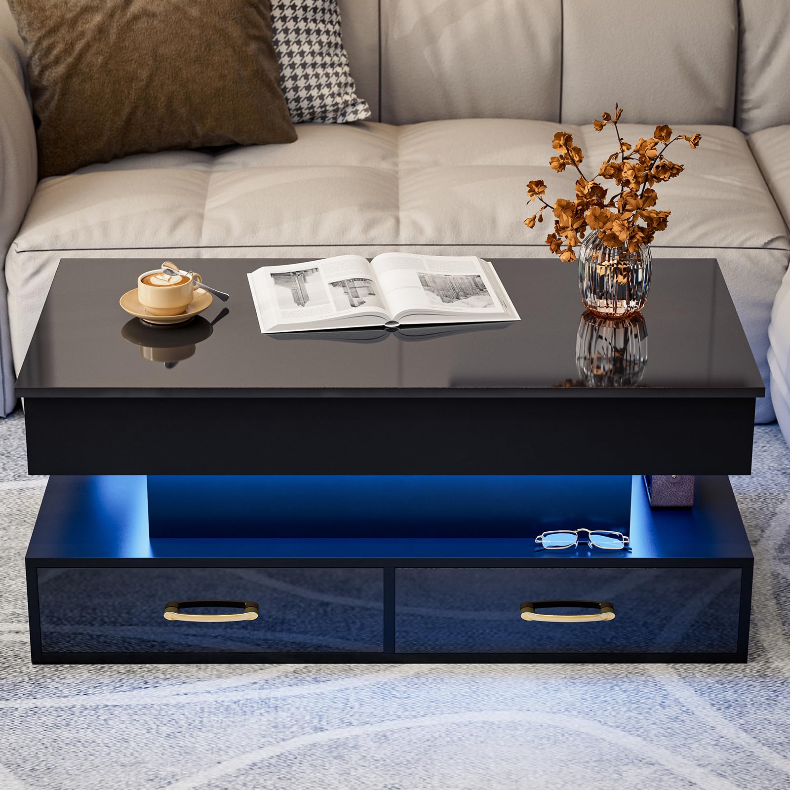 IKIFLY Modern Lift Top Coffee Table, High Glossy Coffee Table with 16 Colors LED Lights, Lift top Coffee Table with 2 Drawers and Hidden Compartment for Living Room Black - WoodArtSupply