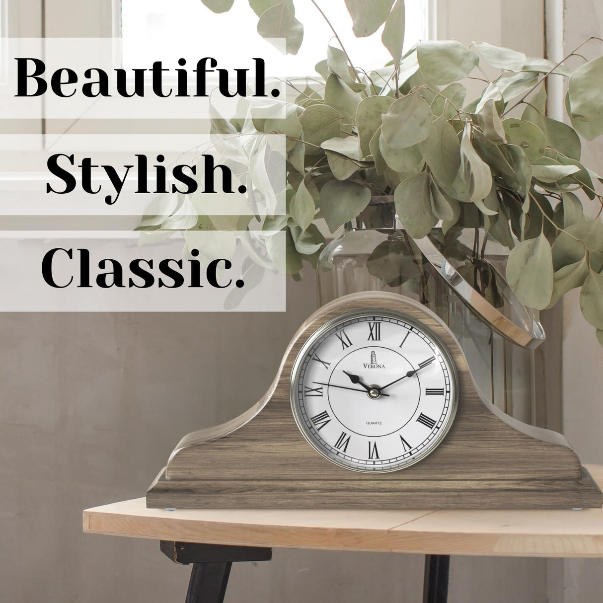 Mantel Clock Battery Operated - Grey Ash Wooden Farmhouse Mantle Clock for Living Room Decor Above Fireplace, Office, Shelf & Home Décor Gift 15x7.5 - Silent Wood Mantel Clock for Living Room Table Lovely Home Essentials
