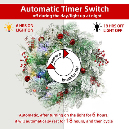 Christmas Wreath for Front Door 24inch - Light Up Artificial Christmas Wreath, Lighted Christmas Wreaths Battery Operated, with Bells and Wreath Hanger, for Front Door Wall Windows Xmas Decoration