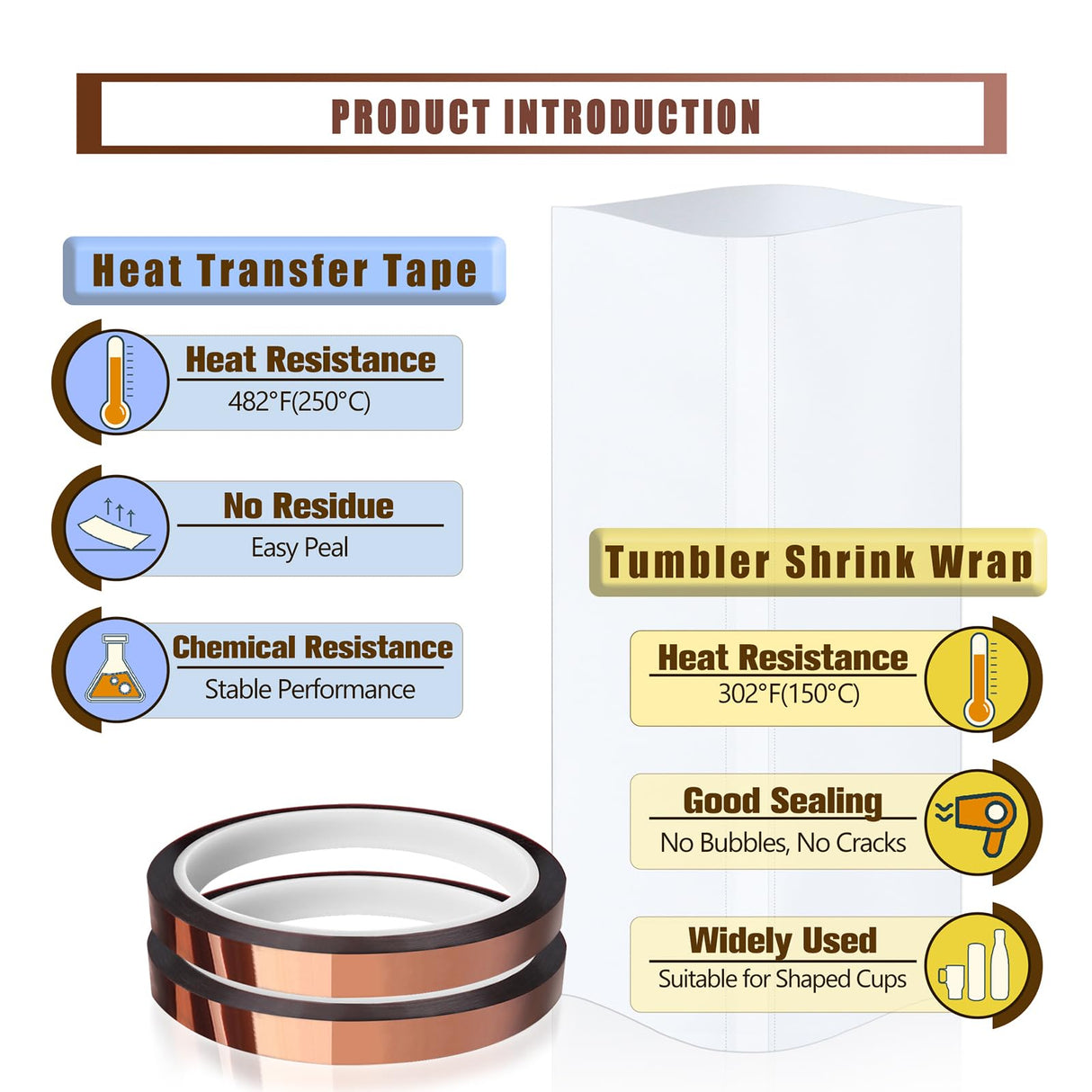 MEBMIK 2 Rolls 10mm x 33m(108ft) Heat Transfer Tape and 50pcs 5 x 10in Shrink Wrap for Sublimation Tumblers,Heat Resistant Tape,Sublimation Shrink Wrap Sleeves,Tumbler Shrink Wrap,20oz MEBMIK