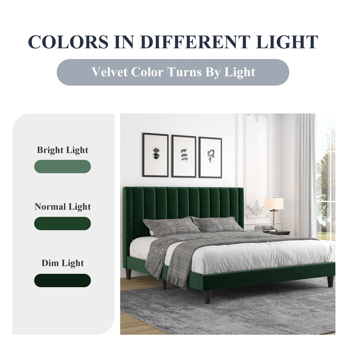 Allewie King Platform Bed Frame/Velvet Upholstered Bed Frame with Vertical Channel Tufted Headboard/Strong Wooden Slats/Mattress Foundation/Box Spring Optional/Easy Assembly/Green Allewie