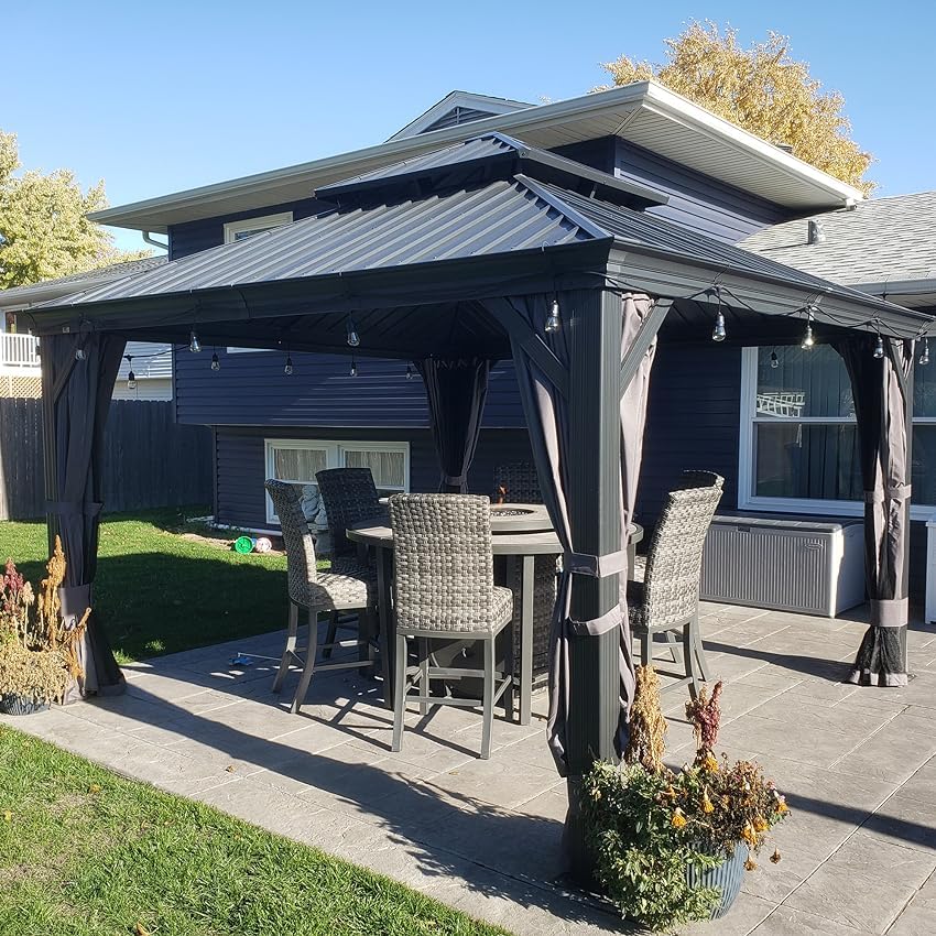 Domi 10'x12' Hardtop Gazebo Canopy,Outdoor Aluminum Gazebo with Galvanized Steel Double Roof,Permanent Gazebo with Drainage System,Curtain and Netting Included,Grey - WoodArtSupply