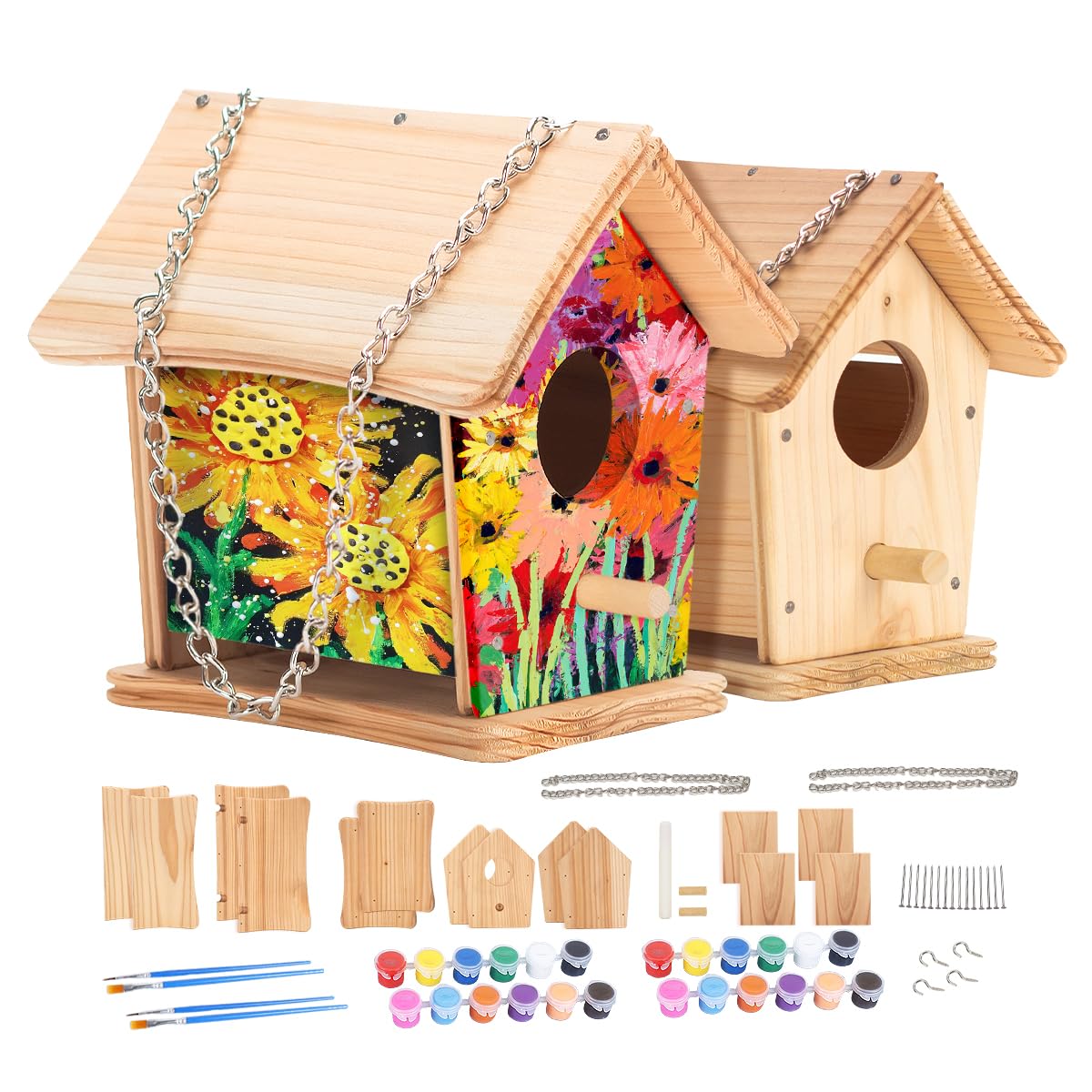 DIY Bird Houses for Kids, Cedar Bird House Kit for Kids and Adults, Art Craft Outdoor Birdhouse, Painting Kit, Hardware Glue Included- 4 Paints, 2 Brush, 14 Wooden Pcs, Chain for Tree Hanging