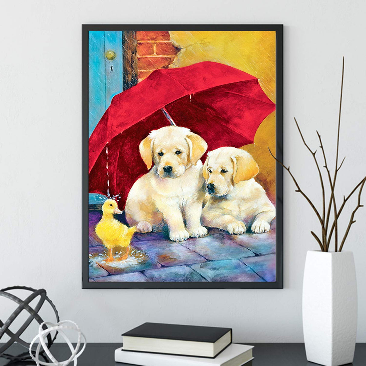 Stalente Diamond Painting Kits for Adults, Diamond Painting Dog, Diamond Art Animal, DIY 5D Round Full Drill Diamond Art Dog and Duck Craft for Home Decor 13.7X17.7in, Umbrella Stalente