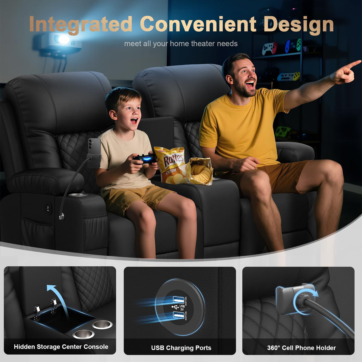 DG PEAFOWL Loveseat Recliner Sofa, Home Theater Seating with Center Console, Reclining Loveseat RV Couch with USB Ports & Phone Holders, Wall Hugger RV Sofa Furniture with Storage & Pocket DG PEAFOWL