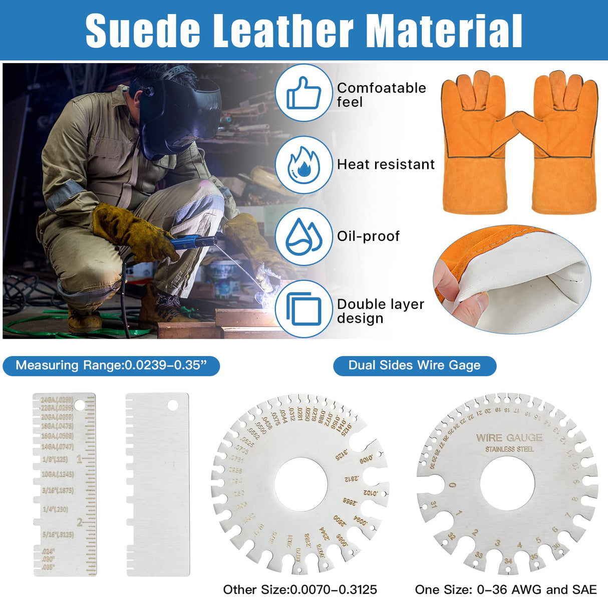 Worldity 6Pcs Welding Slag Removal Tool Set, 10 Inch Welding Chipping Hammer with Coil Spring Handle, Welding Pliers, Wire Brush, Metal Sheet Thickness Gauges and Welding Gloves for Removing Slag Worldity