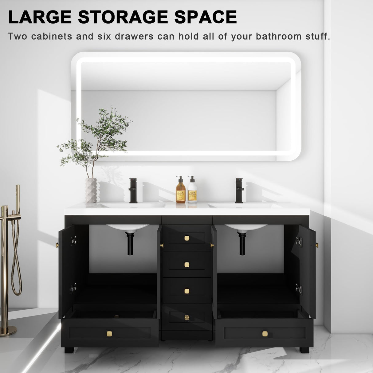 LUCKWIND 60" Bathroom Vanity with Sink, Modern Painted Bathroom Storage Cabinet with Ceramic Basin Sink Top, Faucet and Drawers, Mirror is Not Included, Black LUCKWIND
