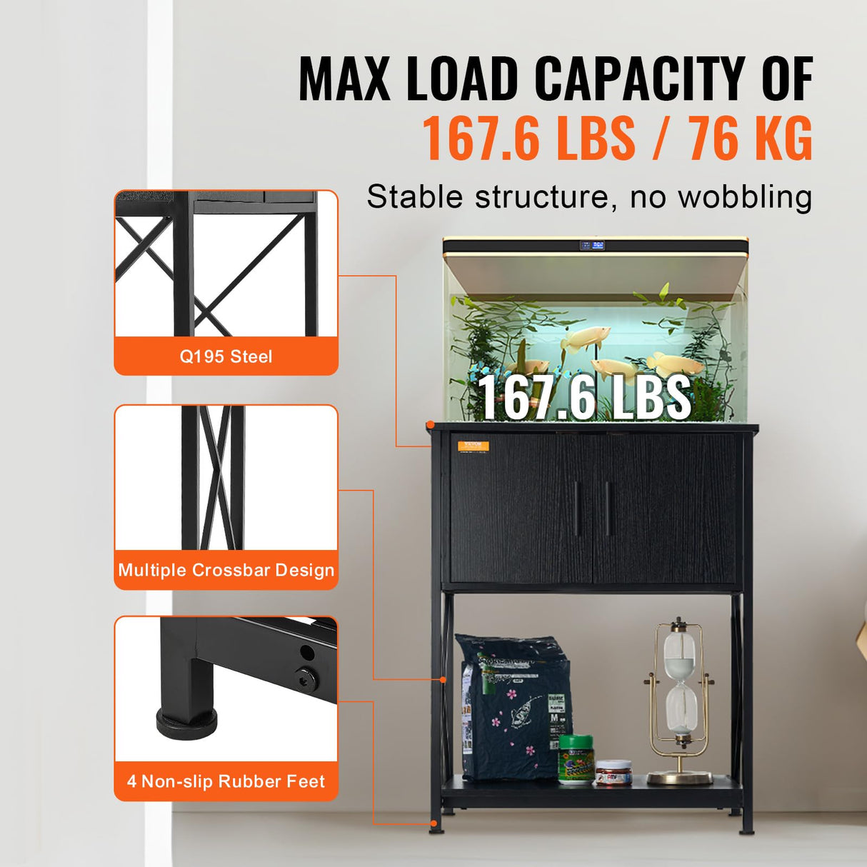 VEVOR Aquarium Stand, 20 Gallon Fish Tank Stand, 25.6 x 16.5 x 31.9 in Steel and MDF Turtle Tank Stand, 167.6 lbs Load Capacity, Reptile Tank Stand with Storage Cabinet and Embedded Power Panel, Black VEVOR