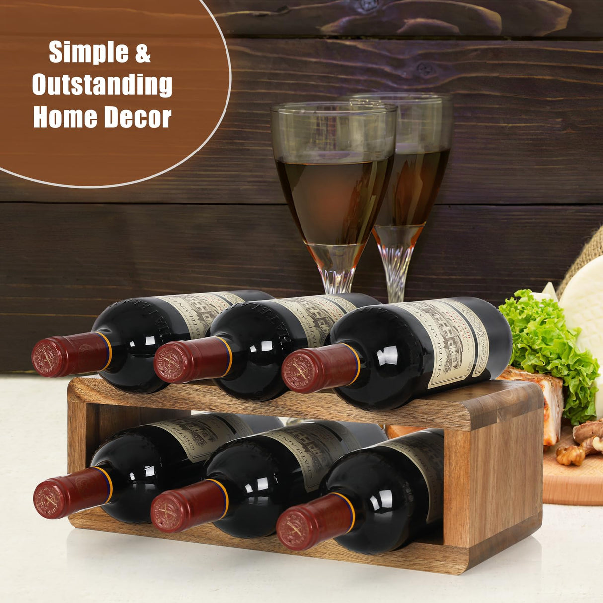 Jotboom Acacia Wine Racks Countertop,Wooden 6 Bottle Wine Rack,Wine Bottle Holder for Inside Cabinet,Small Tabletop Wine Holder Stand for Home Décor,Bar,Party Jotboom