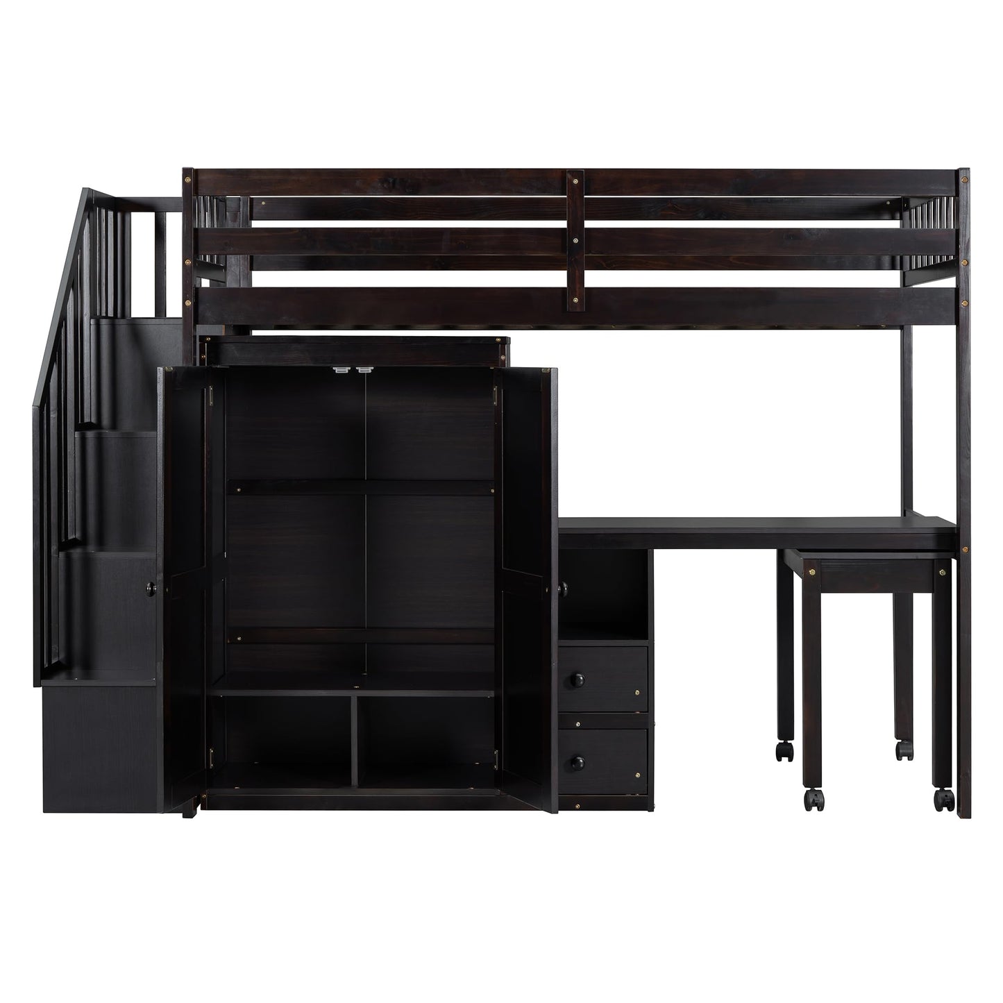 Harper & Bright Designs Twin Size Loft Bed with Stairs and Bookshelf, Wood Twin Storage Bed with Desk & Wardrobe, Space-Saving Multifunctional Furniture for Kids & Teens - Espresso