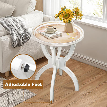 HCODCIBA Farmhouse End Table with Carved Tray Top,Small Round Side Table with Curved Legs,Retro Bedside Table Rustic Accent Table for Living Room,Bedroom
