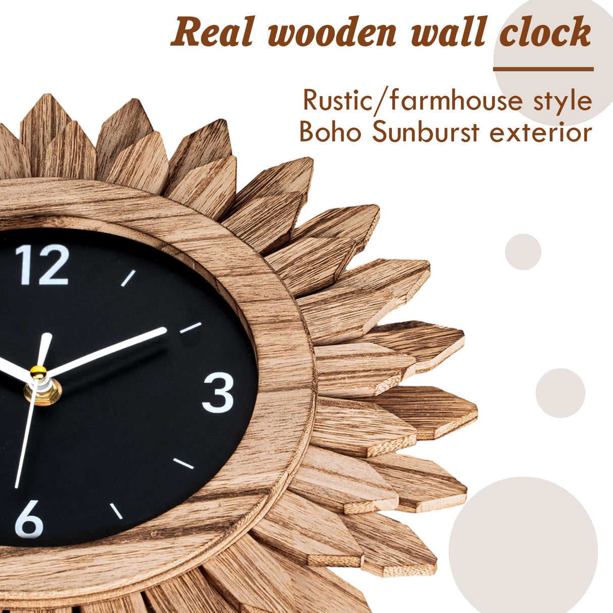 Honiway Wall Clock Battery Operated 12 in Rustic Wood Boho Sunburst Decorative Wall Clock Silent Non Ticking Farmhouse Small Wall Clocks for Living Room Kitchen Bathroom Bedroom Decor (Rustic Brown) Honiway