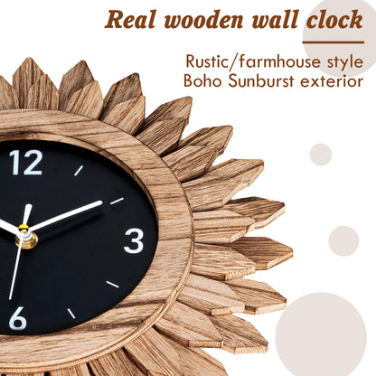 Honiway Wall Clock Battery Operated 12 in Rustic Wood Boho Sunburst Decorative Wall Clock Silent Non Ticking Farmhouse Small Wall Clocks for Living Room Kitchen Bathroom Bedroom Decor (Rustic - WoodArtSupply