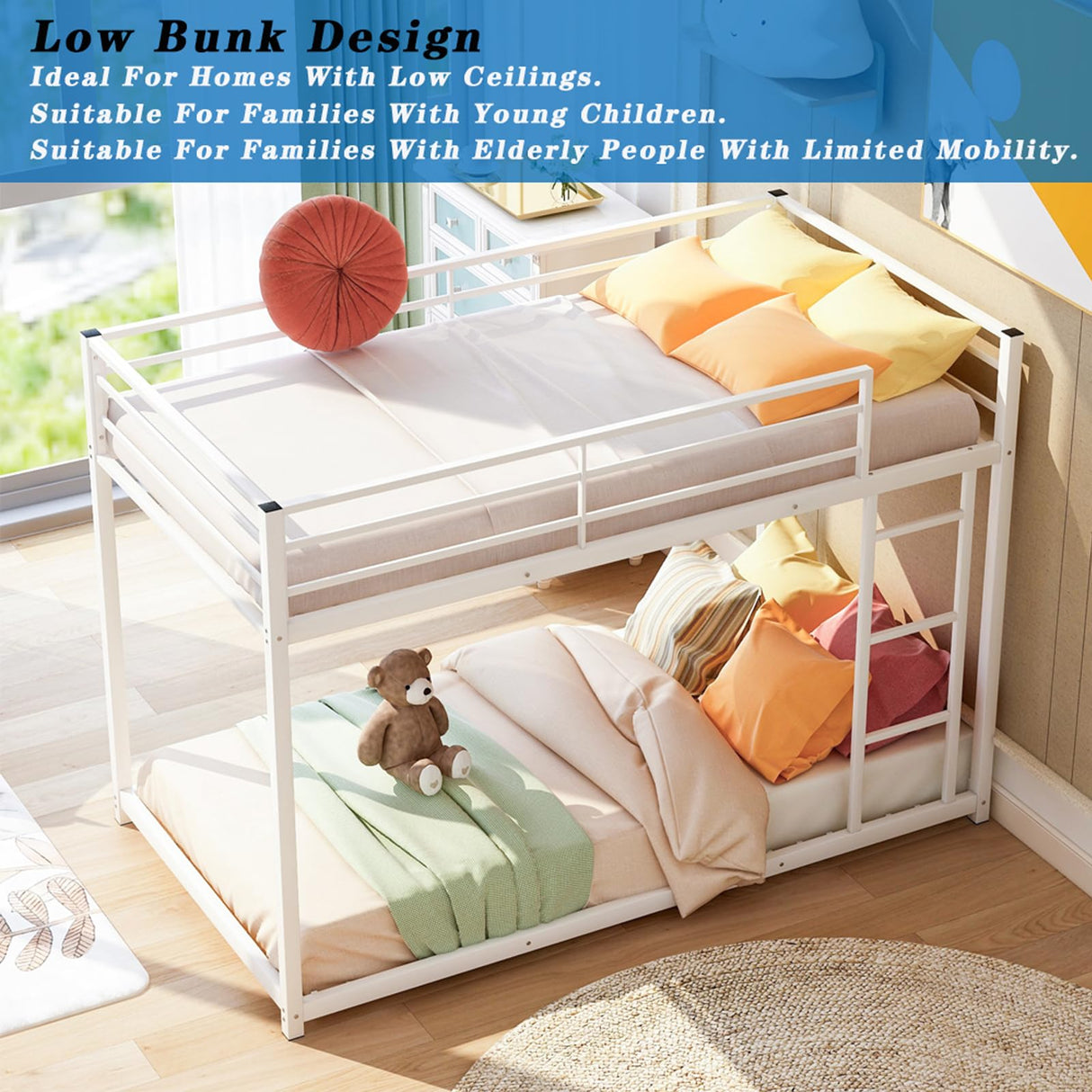HomJoones Low Metal Bunk Bed Frame for Kids, with Built-in Ladder, High Guardrail and Metal Slats, Floor Bed Bottom Bunk, No Boxspring Required, for Small Spaces, Twin-Over-Twin (White) HomJoones