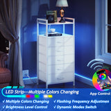 Furnulem White Nightstand with 5 Storage Drawer, Tall Dresser for Bedroom with Led Light and Charging Station, Side Table Nightstand for Closet, Fabric Bins, Metal Frame, Wood Shelf(White) Furnulem