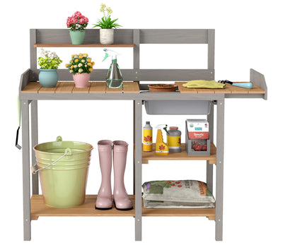 Wooden Potting Bench Table with Sink, Outdoor Garden Table Work Bench with Shelf, Workstation for Outside Patio Lawn