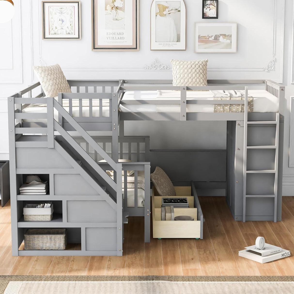 MERITLINE Twin-Twin Over Full Triple Bunk Bed with Storage Stairs,Wardrobe and Desk,Solid Wood L-Shaped 3 Bunk Bed with Ladder,Shelves,Headboard,Guardrail,No Box Spring Needed (Grey) MERITLINE